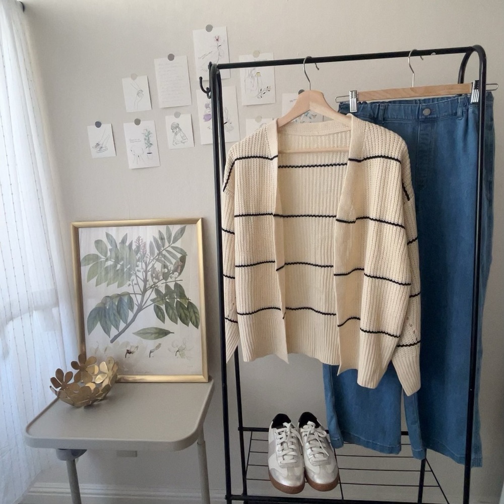 ｛SHEIN｝Brand New: SHEIN, Wide-Stripe Knit Sweater, Open-Front Cardigan